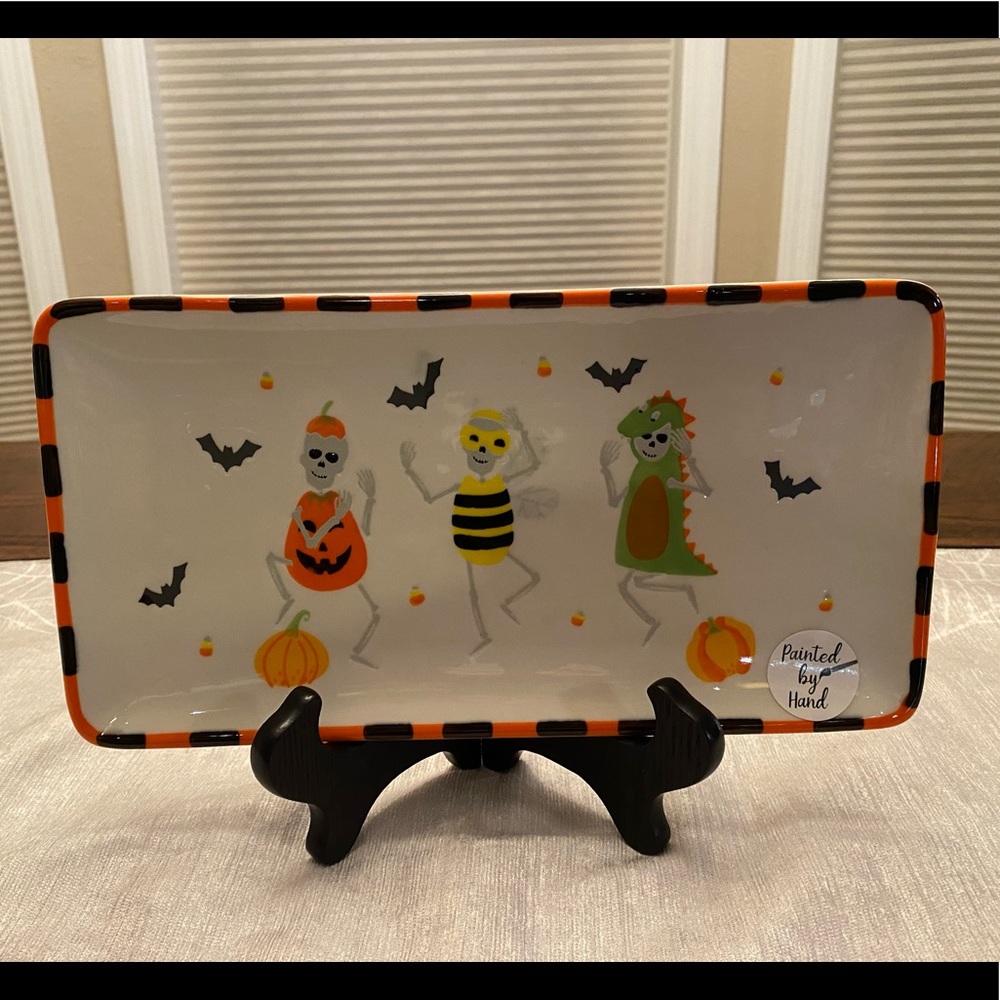 Dancing Skeletons In Halloween Costumes Rectangular Ceramic Platter
